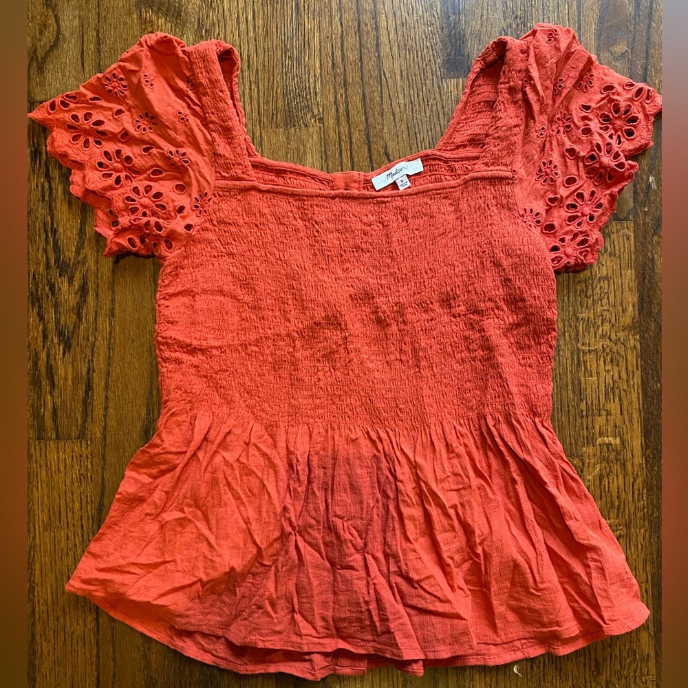 Madewell peplum button top shirt blouse red orange size small eyelet sleeve